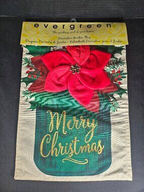 Evergreen Decorative Garden Flag Merry Christmas Poinsettia Mason Jar Holiday